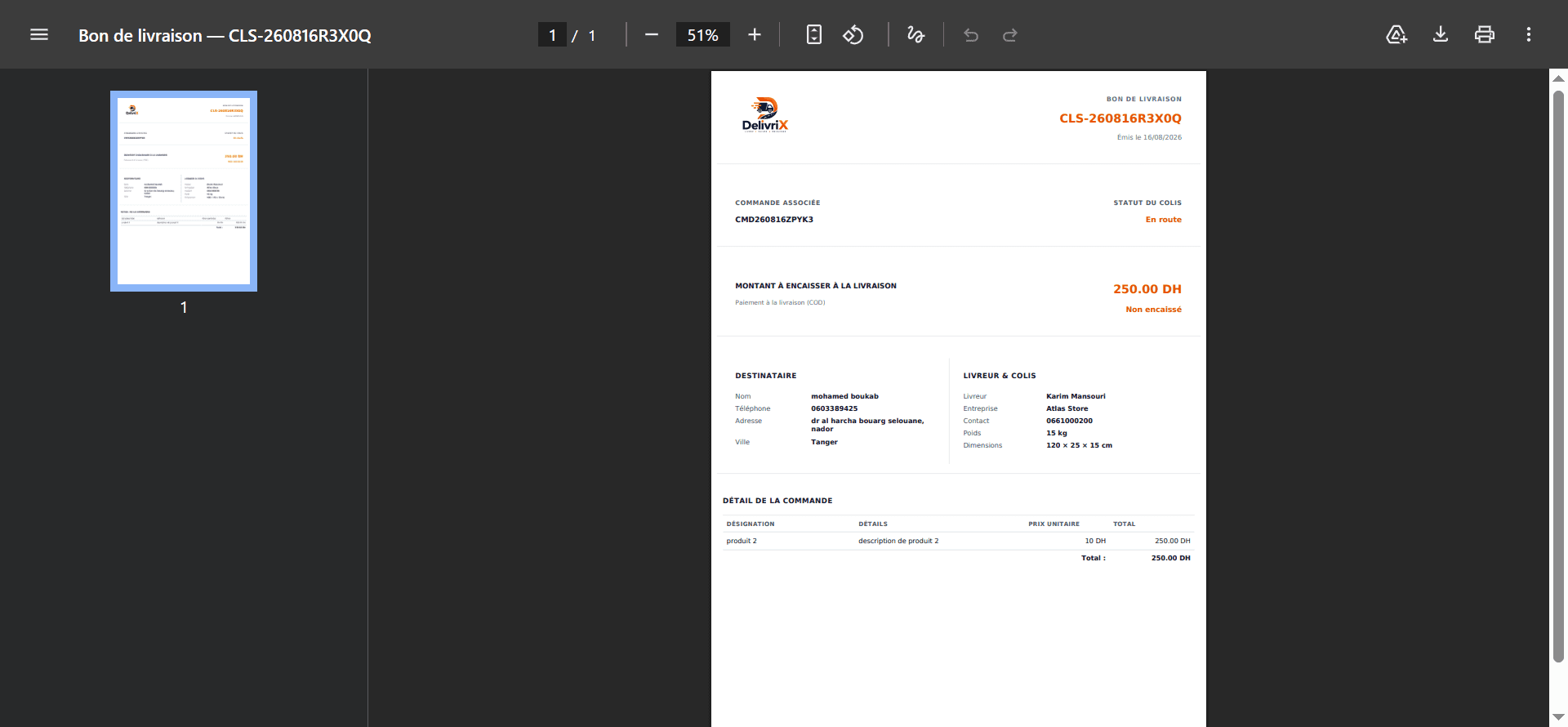 DelivriX — bon de livraison PDF