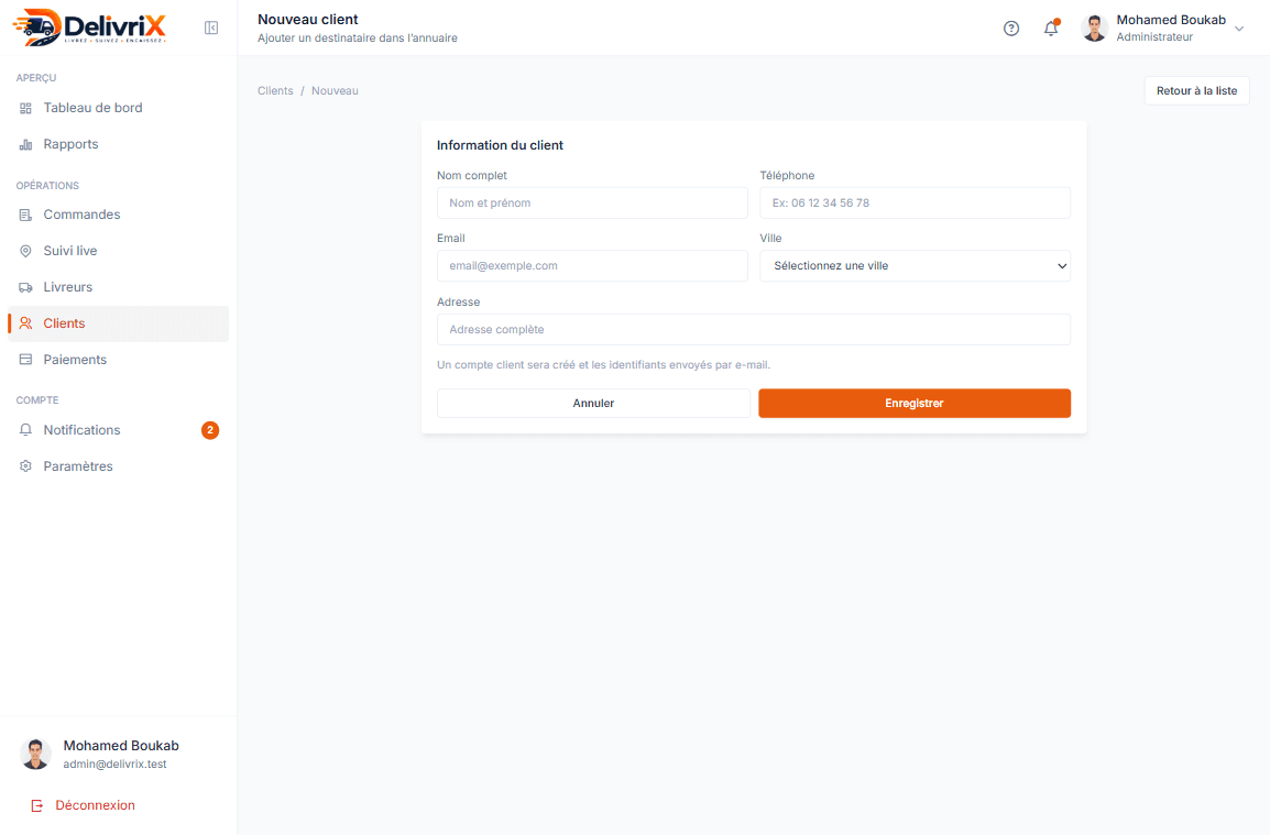 DelivriX admin — nouveau client