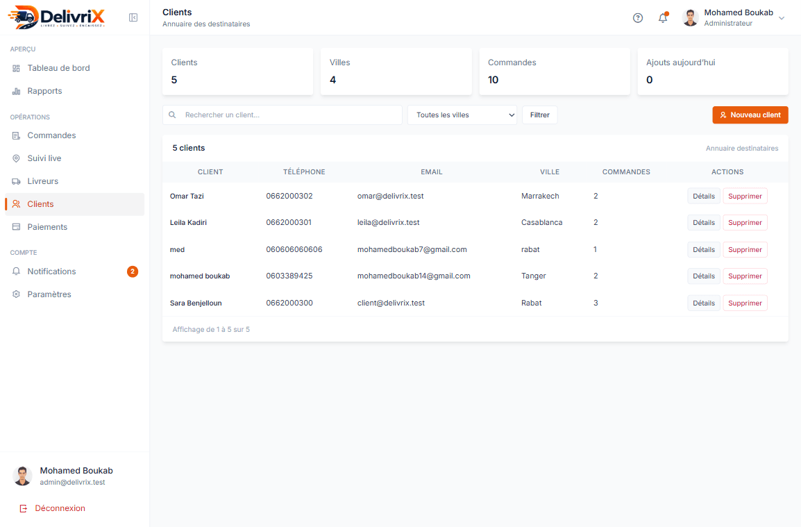 DelivriX admin — liste clients