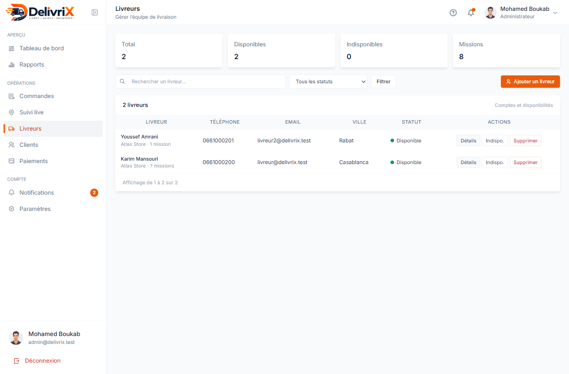 DelivriX admin — liste livreurs