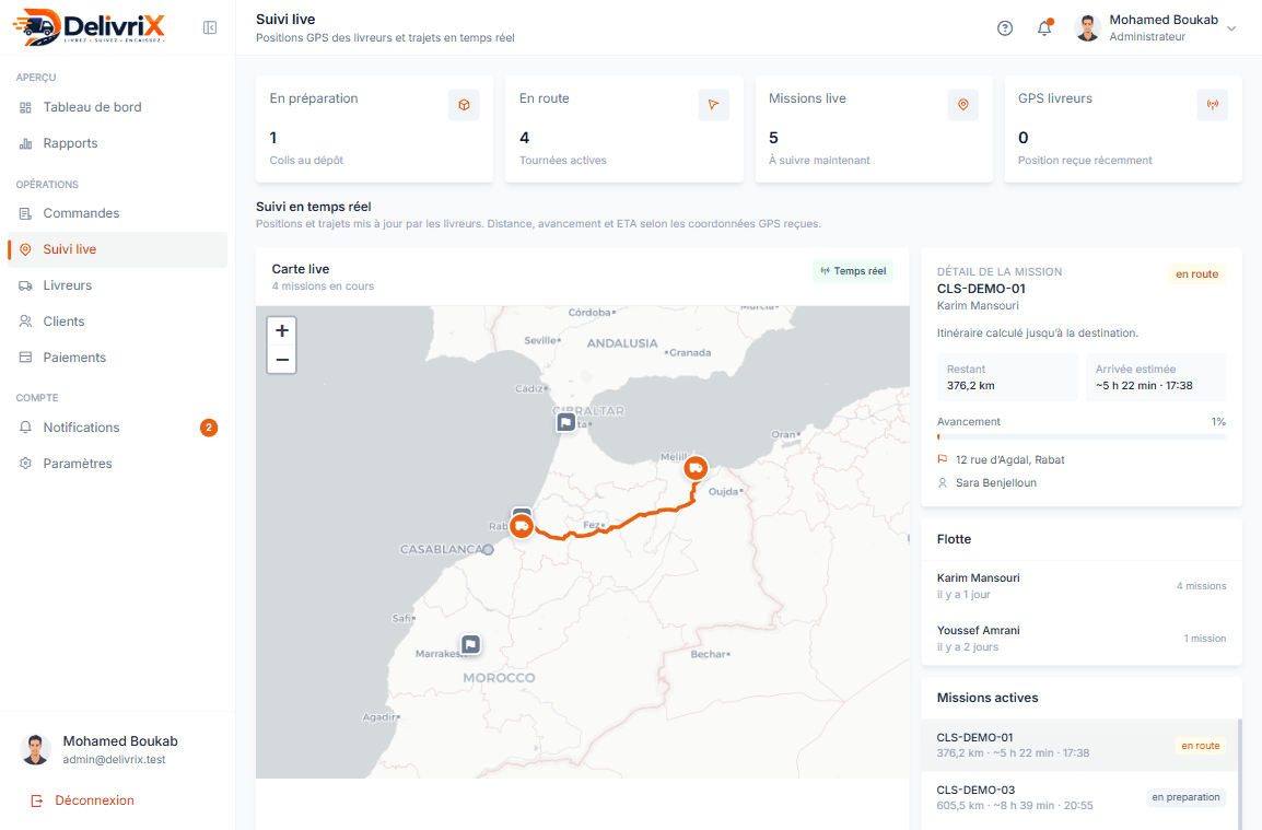 DelivriX admin — carte GPS live