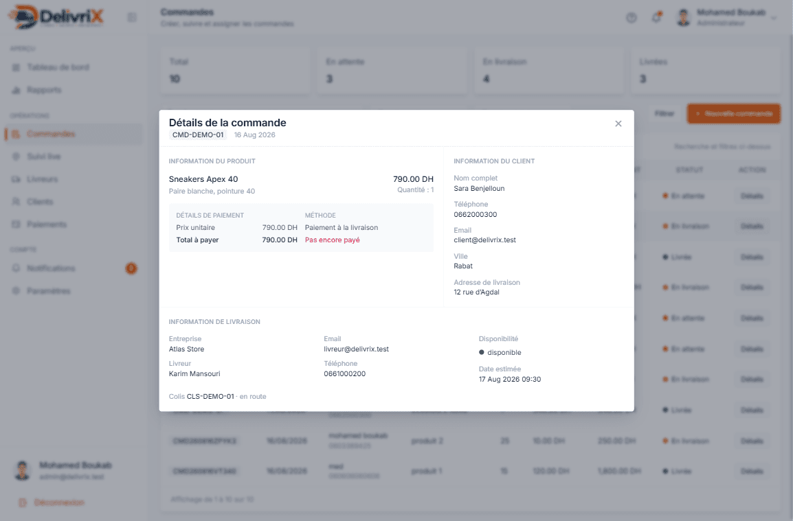 DelivriX admin — suivi live stats