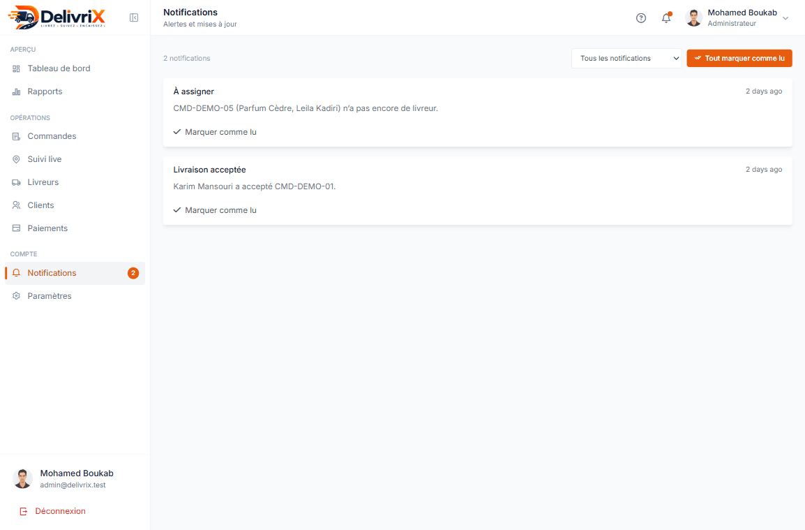 DelivriX admin — notifications
