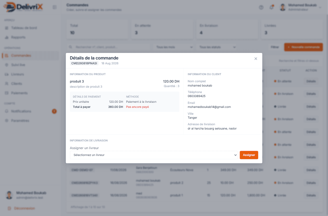 DelivriX admin — détail commande