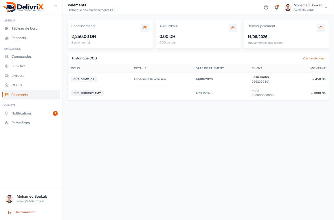 DelivriX admin — paiements COD