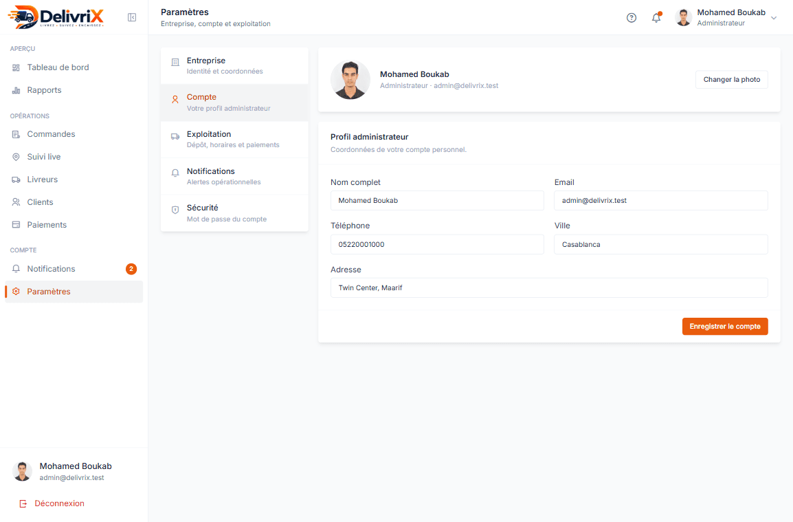 DelivriX admin — paramètres