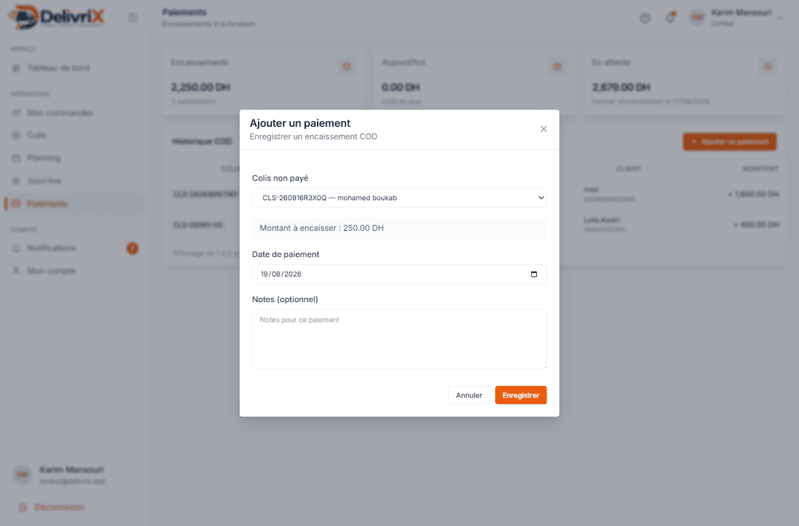 DelivriX client — tableau de bord