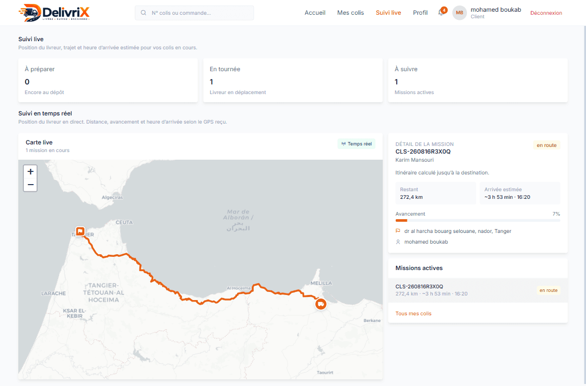 DelivriX client — suivi live GPS