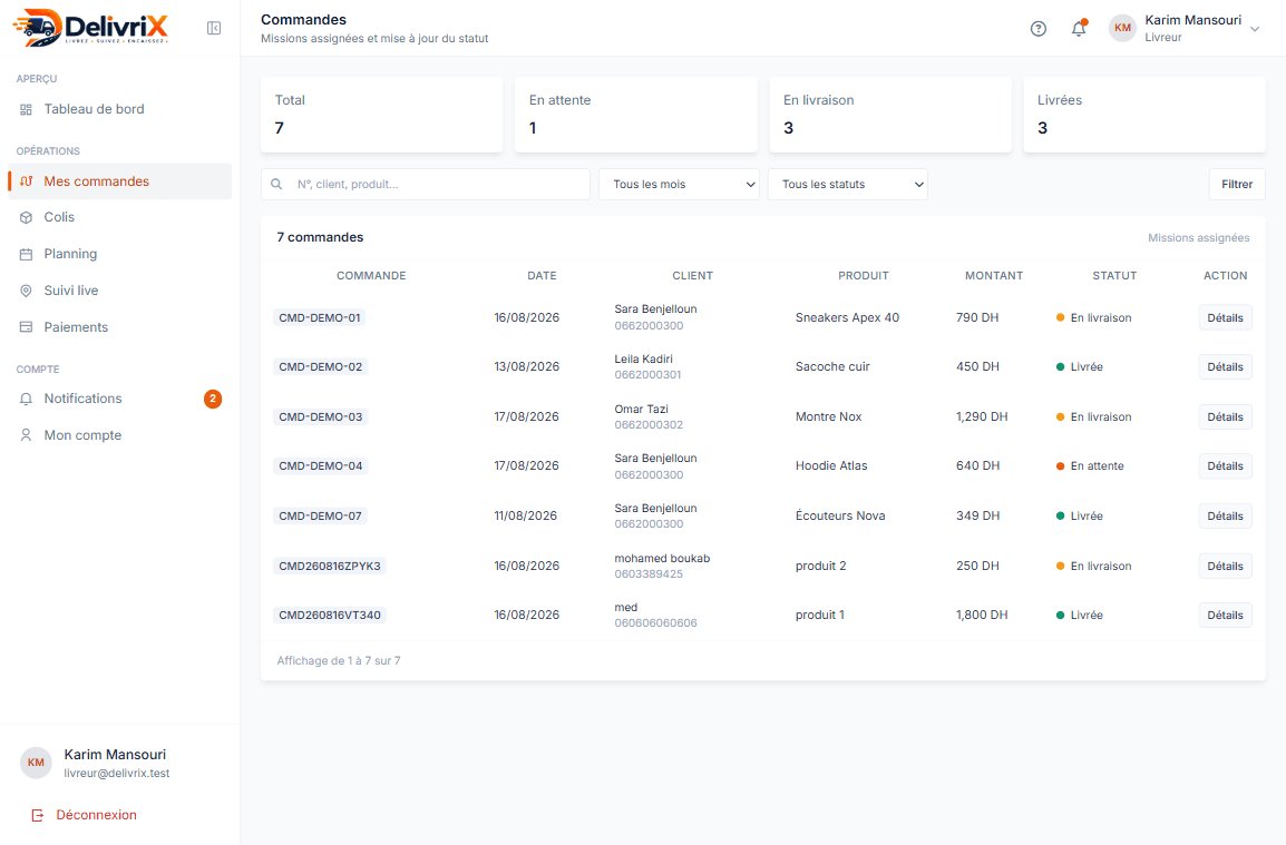 DelivriX livreur — mes commandes