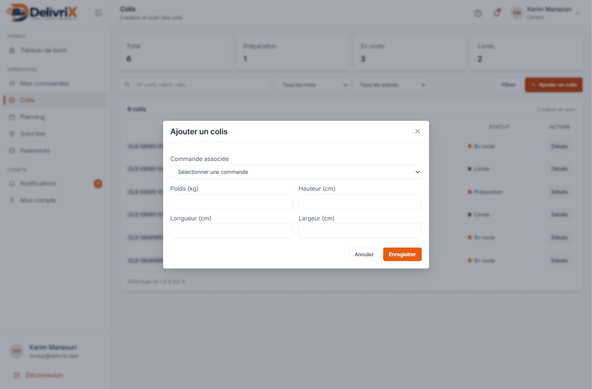 DelivriX livreur — ajouter colis