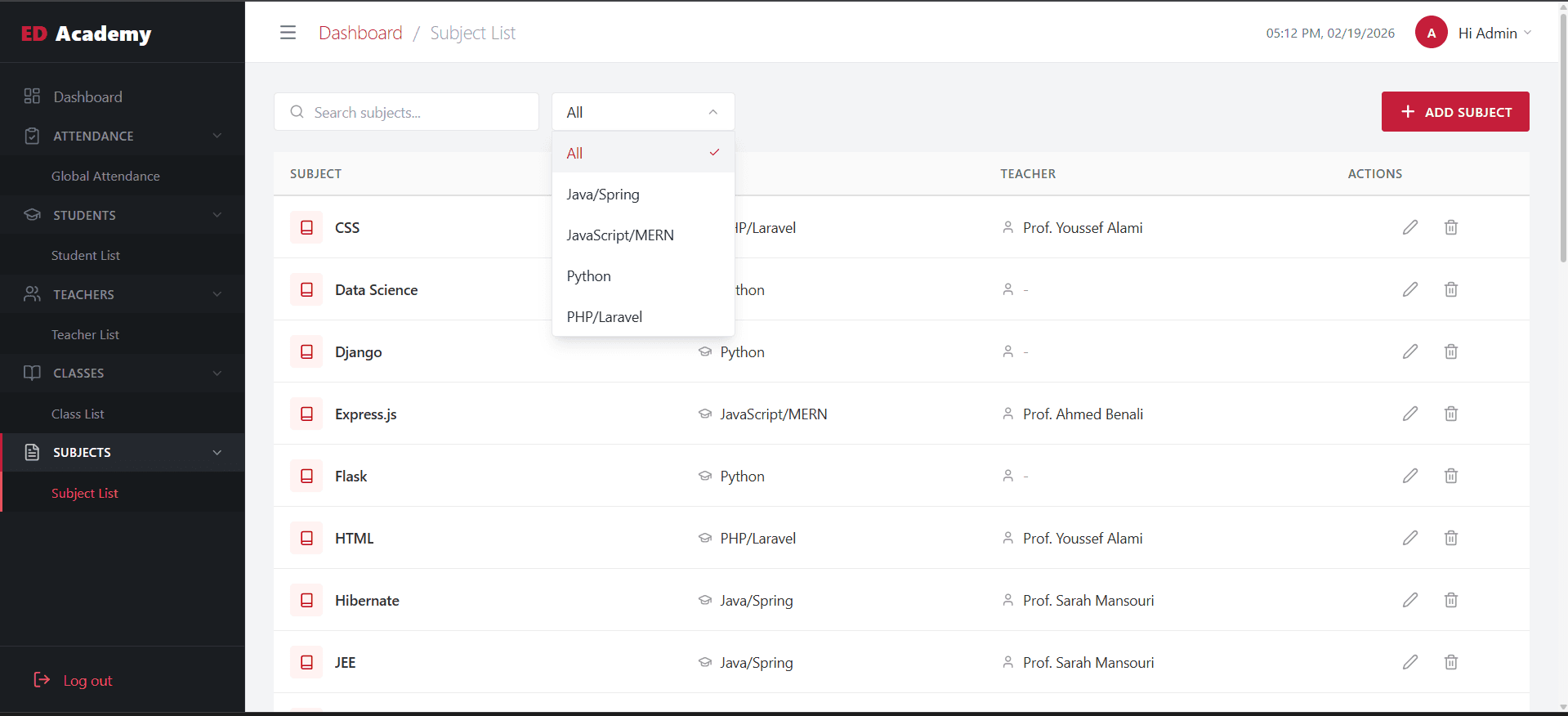 ED-Academy — Admin Add Subjects