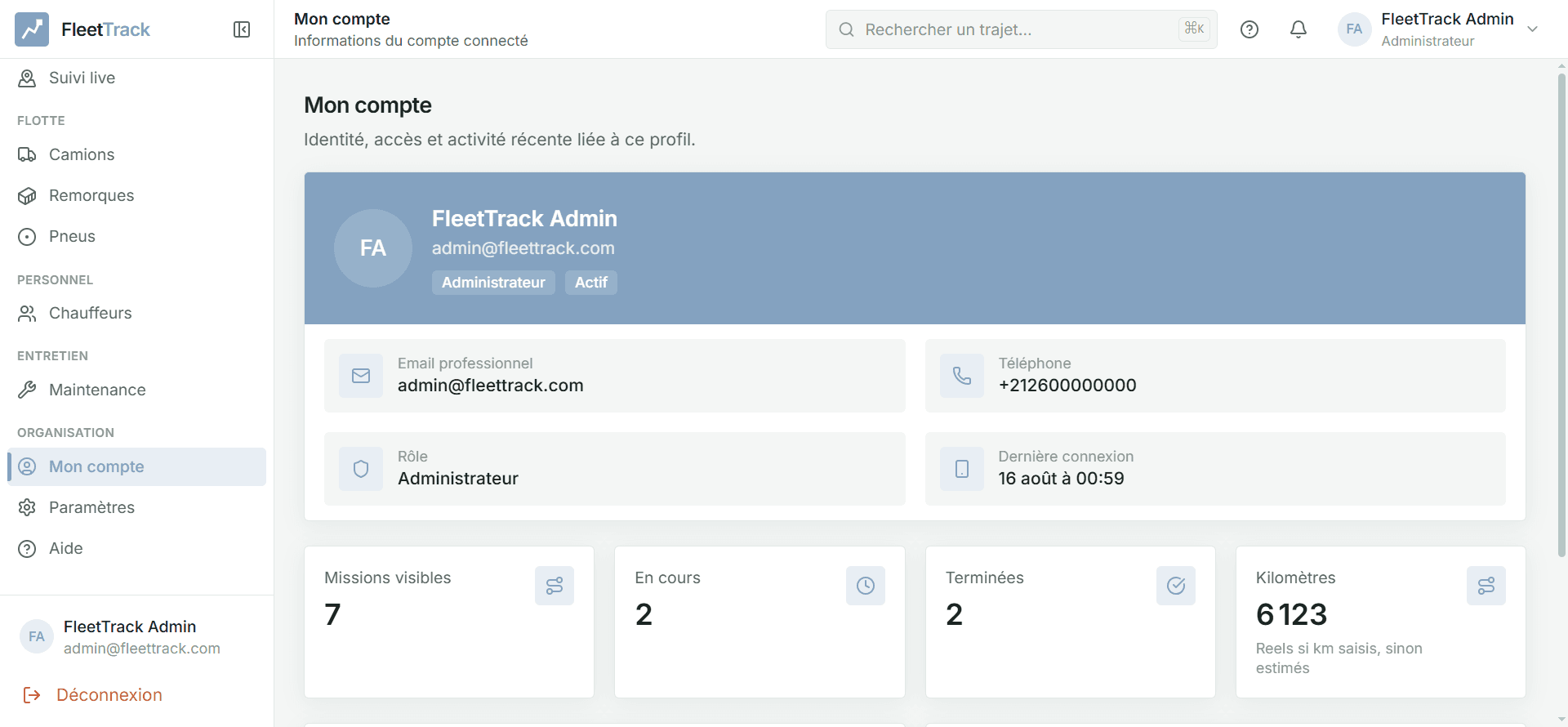 FleetTrack admin account