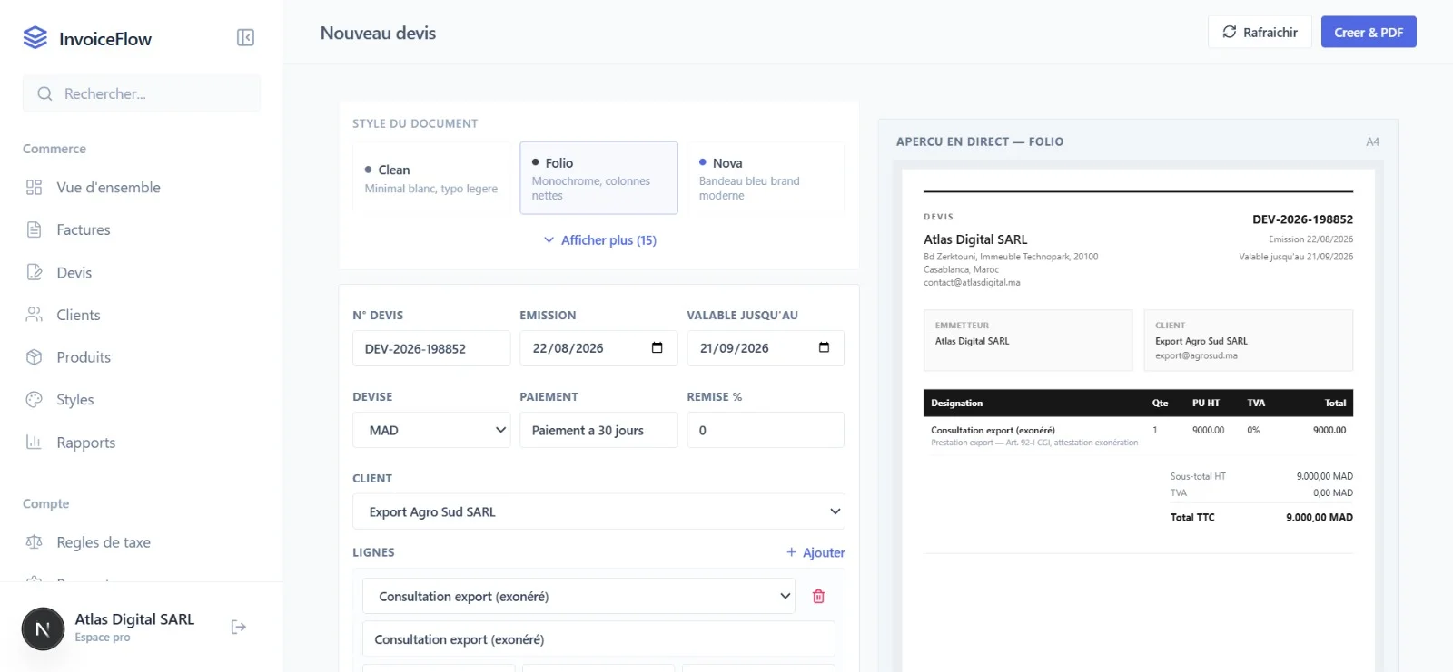 InvoiceFlow quote builder — Folio style