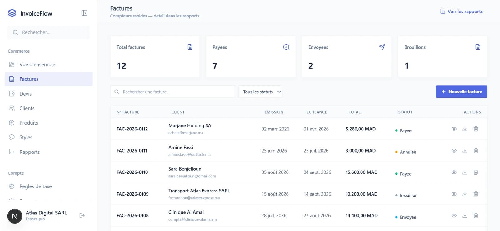 InvoiceFlow invoices list