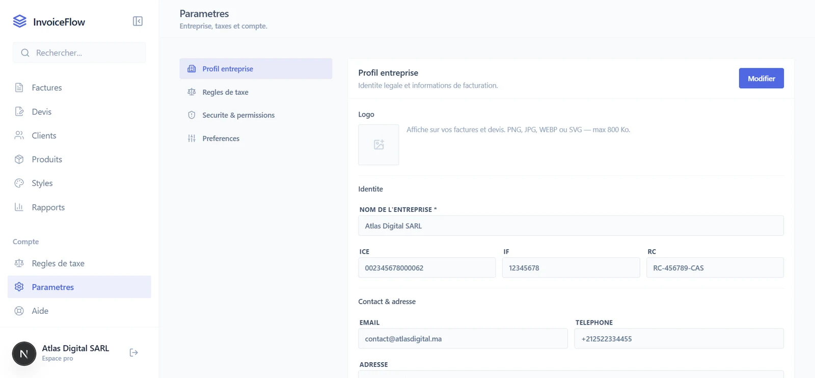 InvoiceFlow company settings