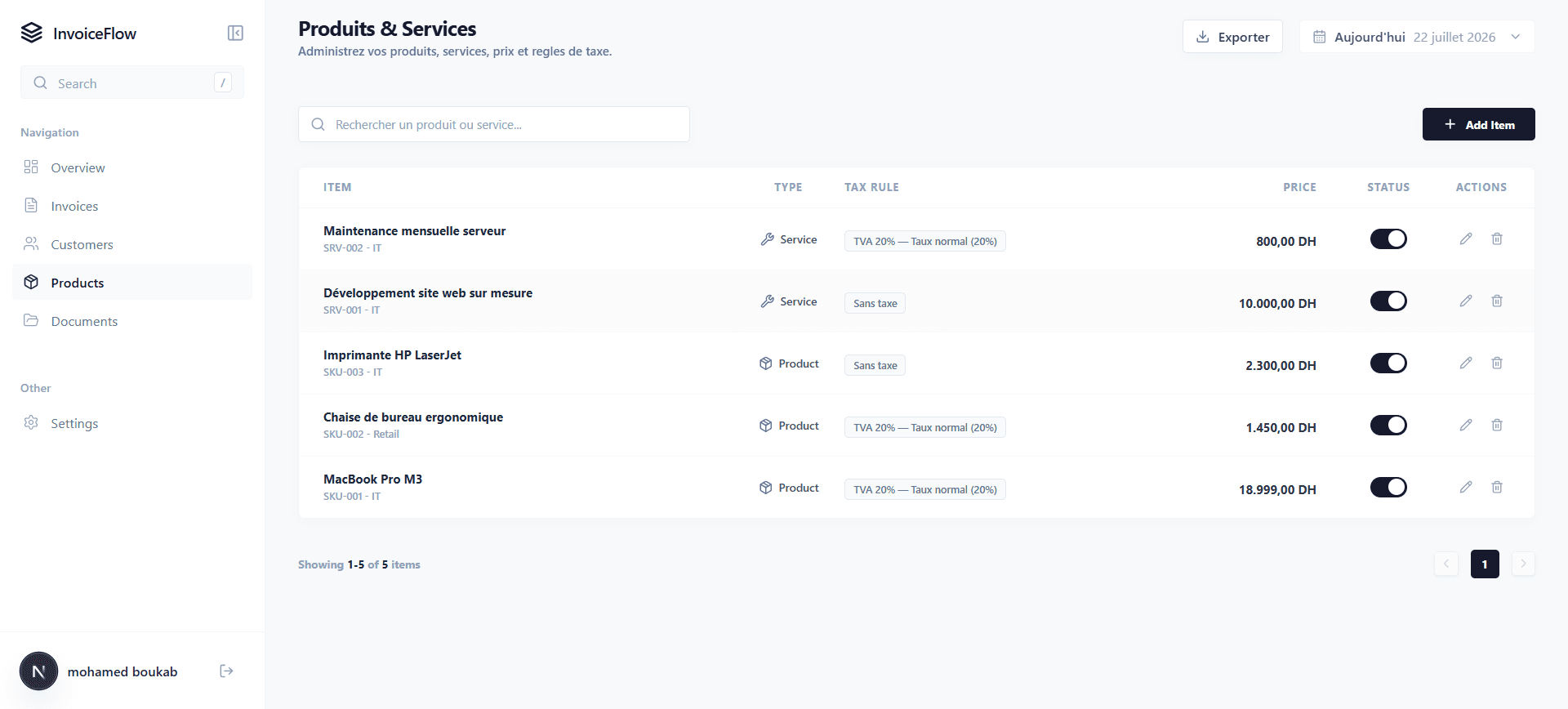 InvoiceFlow — Screencapture Localhost 3001 Dashboard Products 2026 07 22 19 35 25
