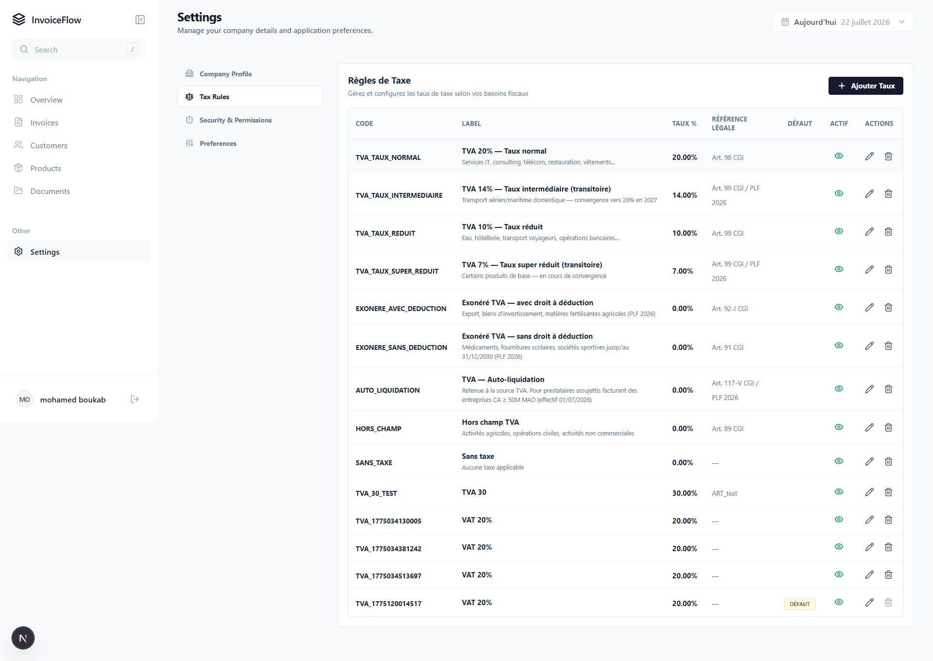 InvoiceFlow — Screencapture Localhost 3001 Dashboard Settings 2026 07 22 19 07 07