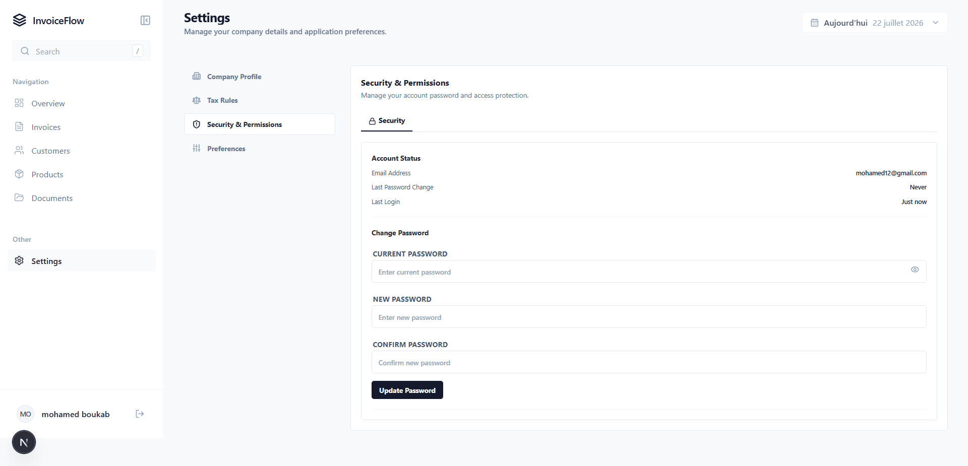 InvoiceFlow — Screencapture Localhost 3001 Dashboard Settings 2026 07 22 19 07 21