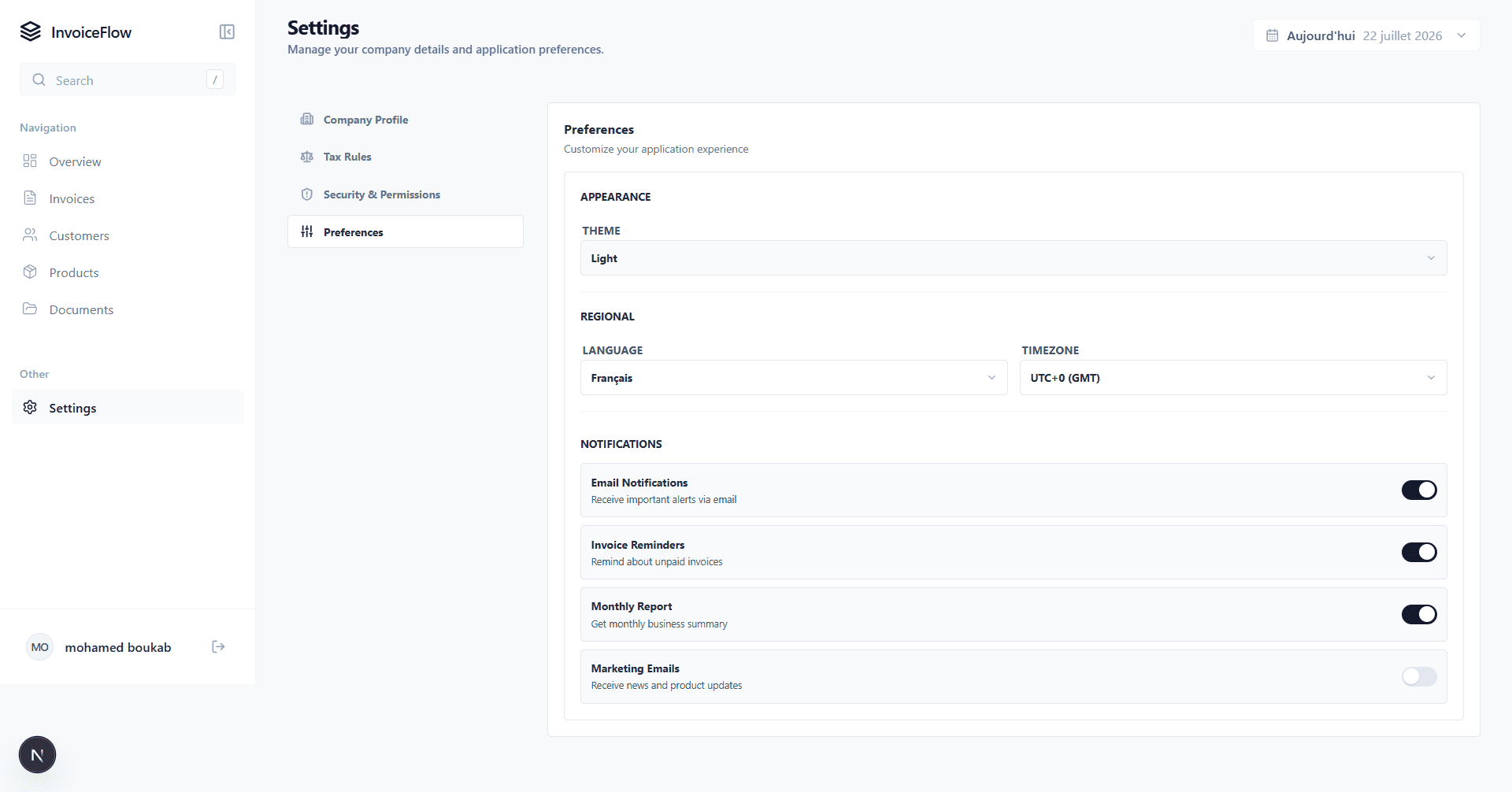 InvoiceFlow — Screencapture Localhost 3001 Dashboard Settings 2026 07 22 19 07 31