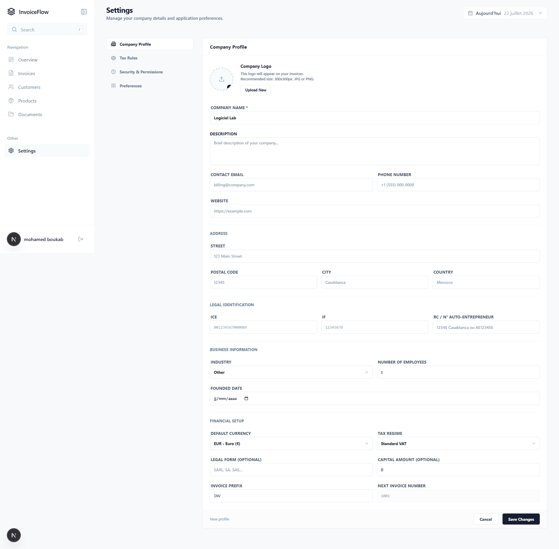 InvoiceFlow — Screencapture Localhost 3001 Dashboard Settings 2026 07 22 19 09 01