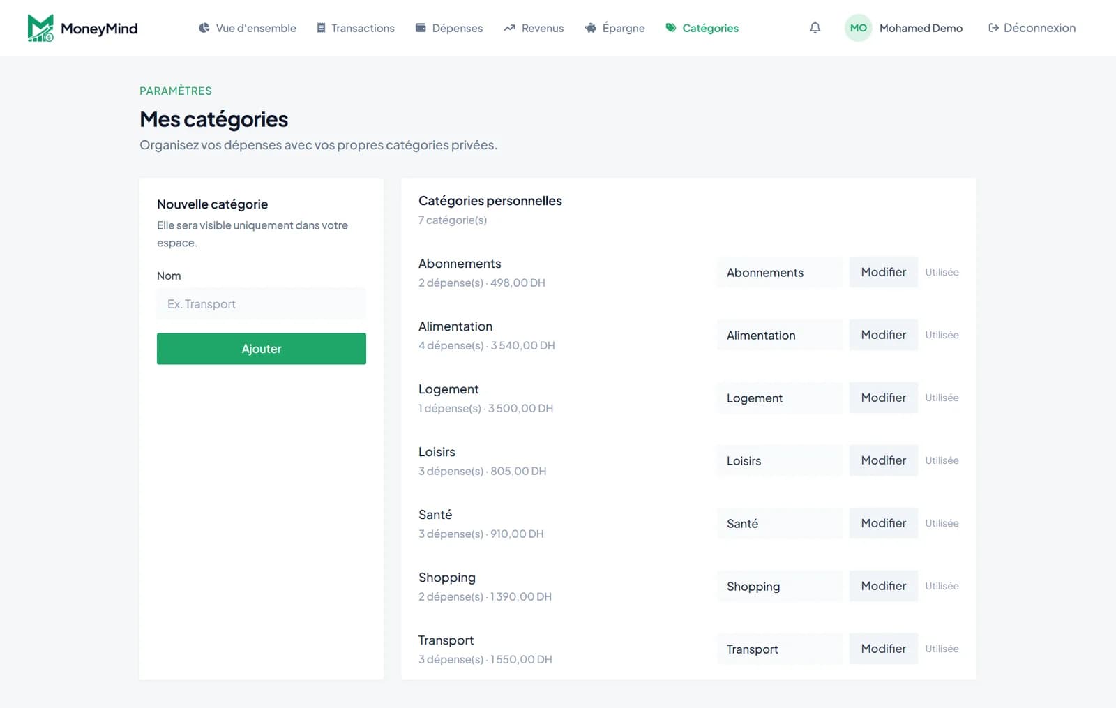 MoneyMind expense categories