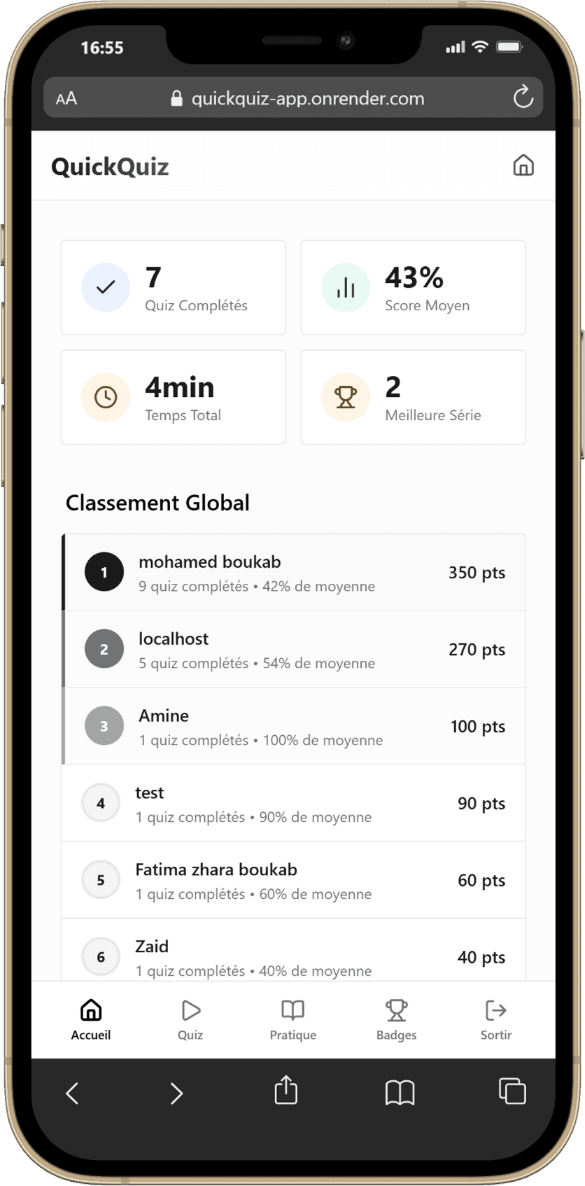 QuickQuiz — Mobile User Dashboard